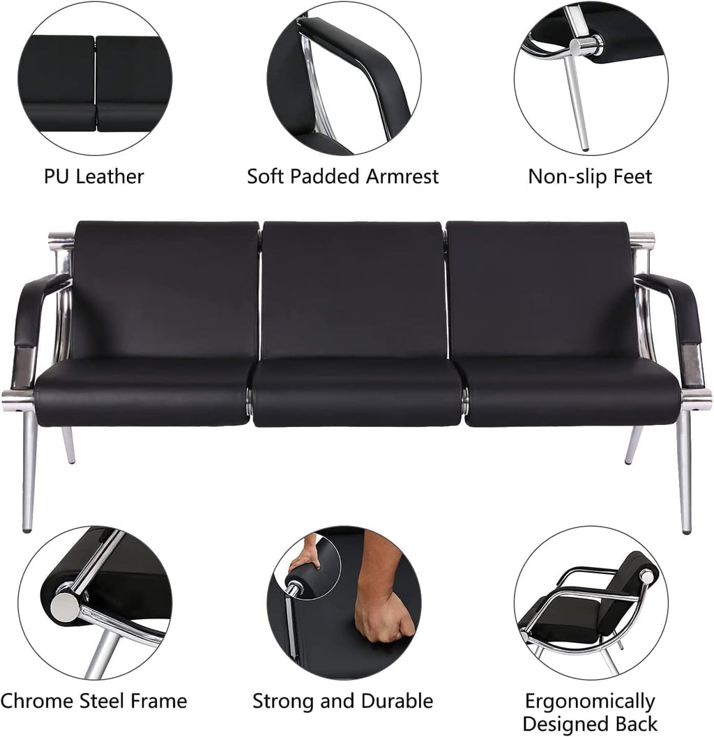 Kinfant Waiting Room Chair- Office Reception Furniture with Armrest and PU Leather Cushion, Office Guest Chair for Waiting Room Airport Hospital Bank Lobby, Black (1 Seat*2+2 Seat)