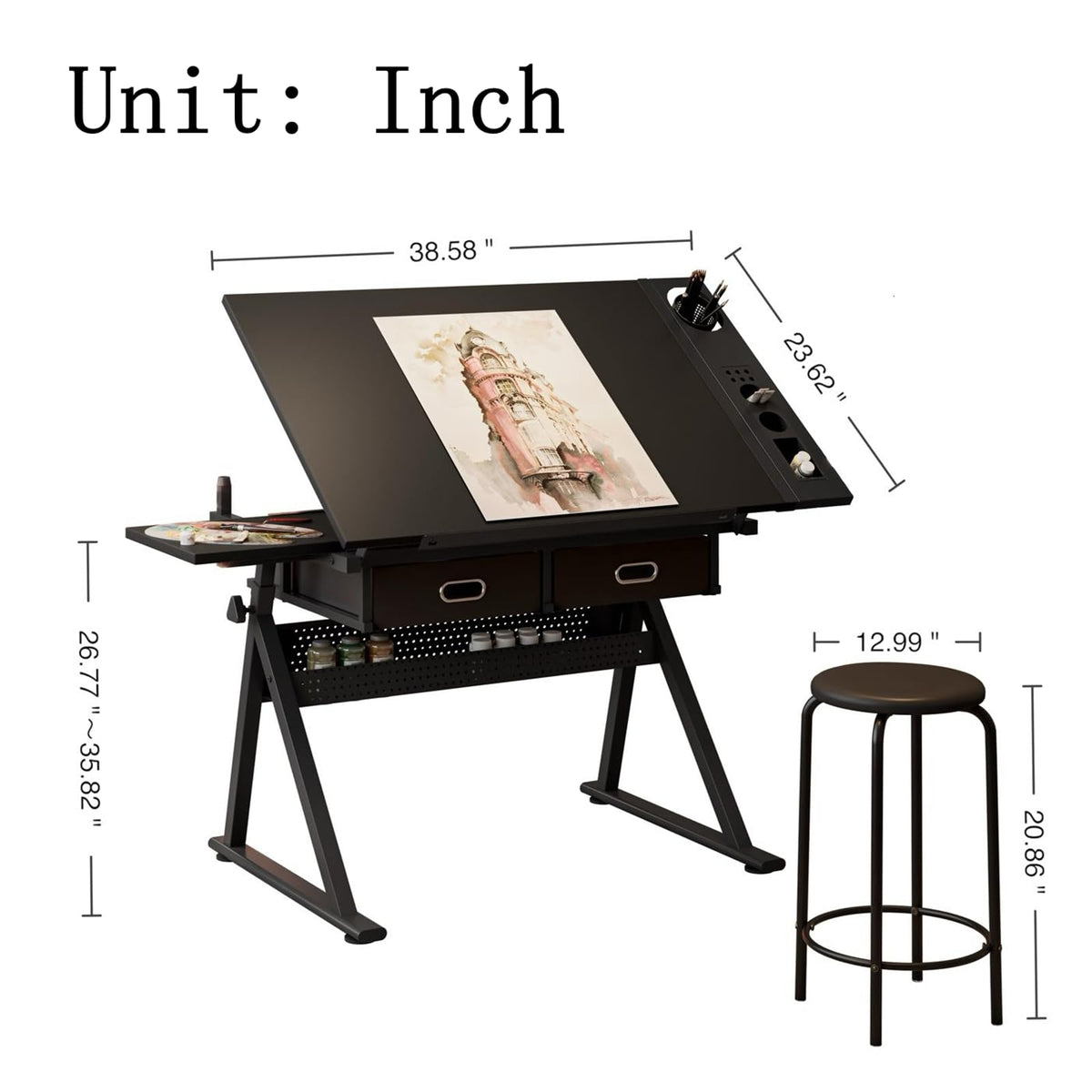 Height Adjustable Art Table Drafting Table with Stool, Rustic
