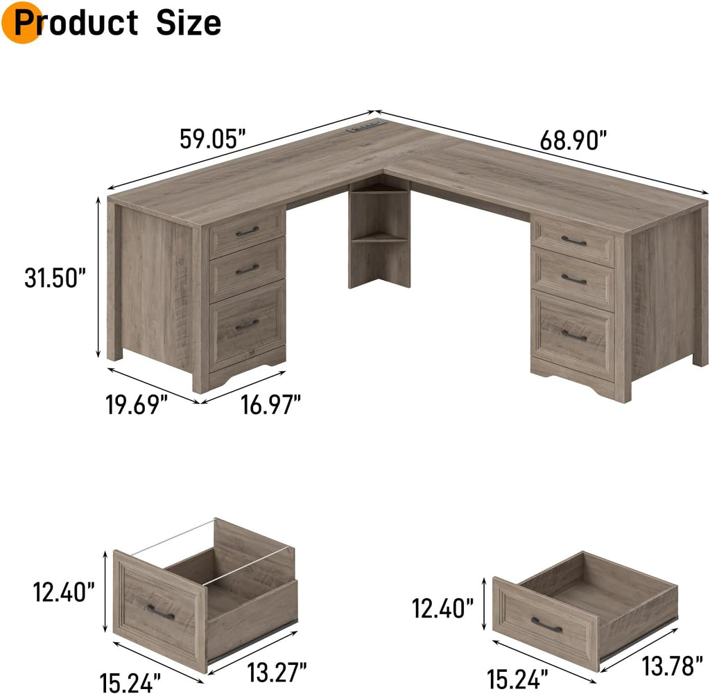Halitaa Farmhouse Home Office Desk with 6 Drawers, L Shaped Executive Desk with Power Outlets and Triangle Under-Desk Storage Shelf & Drawer File Cabinet, Corner Computer Desk, Grey