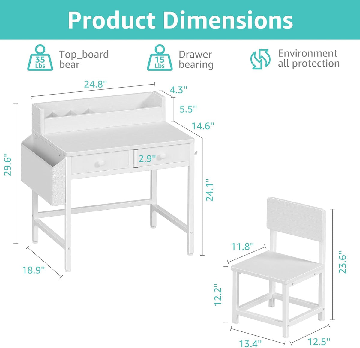 BOLUO White Kids Desk and Chair Set for 5-8 Year Old, Small Child Desk with Fabric Drawer, Children Study Table with Storage Toddler Girls Boys