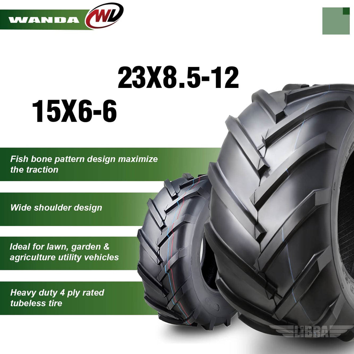 WANDA 4PC 15X6-6 & 20X10-8 Lawn Mower Tractor Tires Super Lug -13078/13071