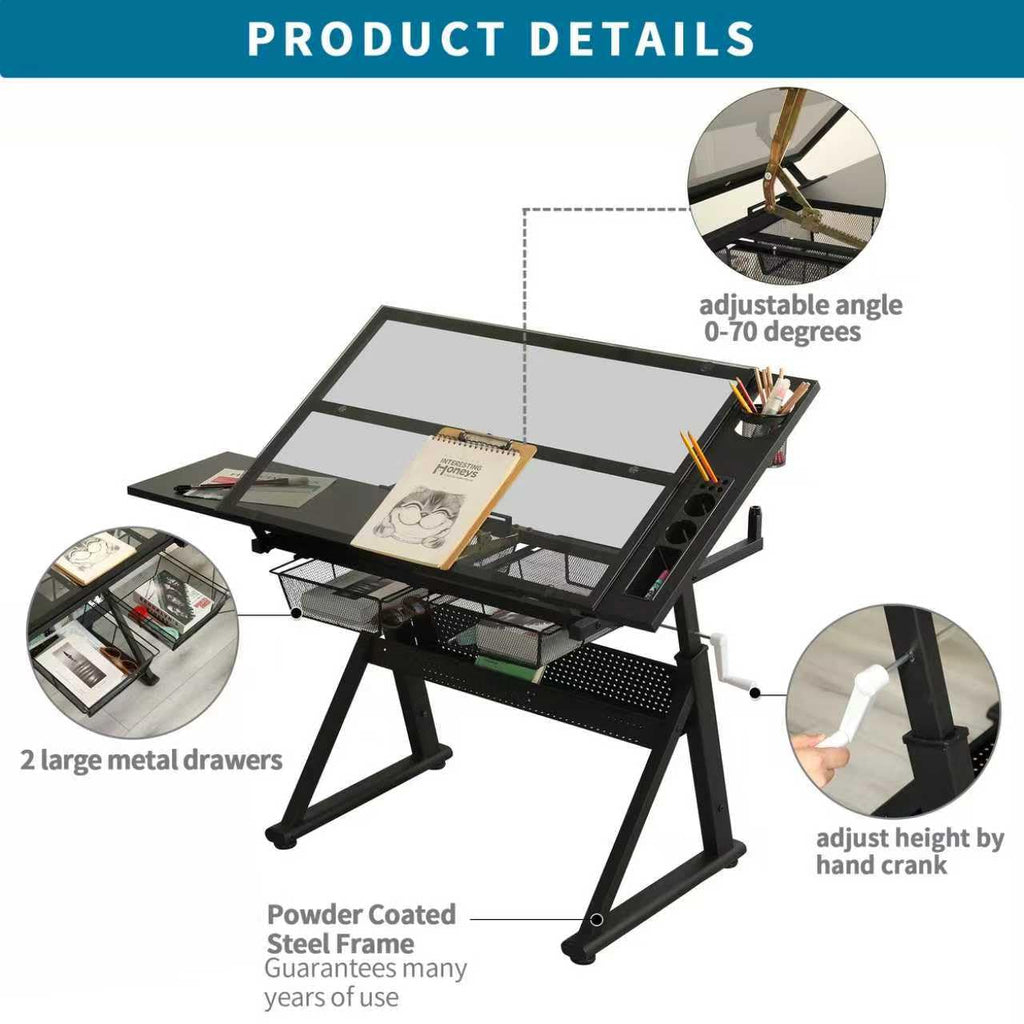 Adjustable Drawing Table for Artists | Drafting Desk with Tilted Glass Top | Art & Craft Table for Adults (Black, Classic Pro-27.16''- 35.82'' H)