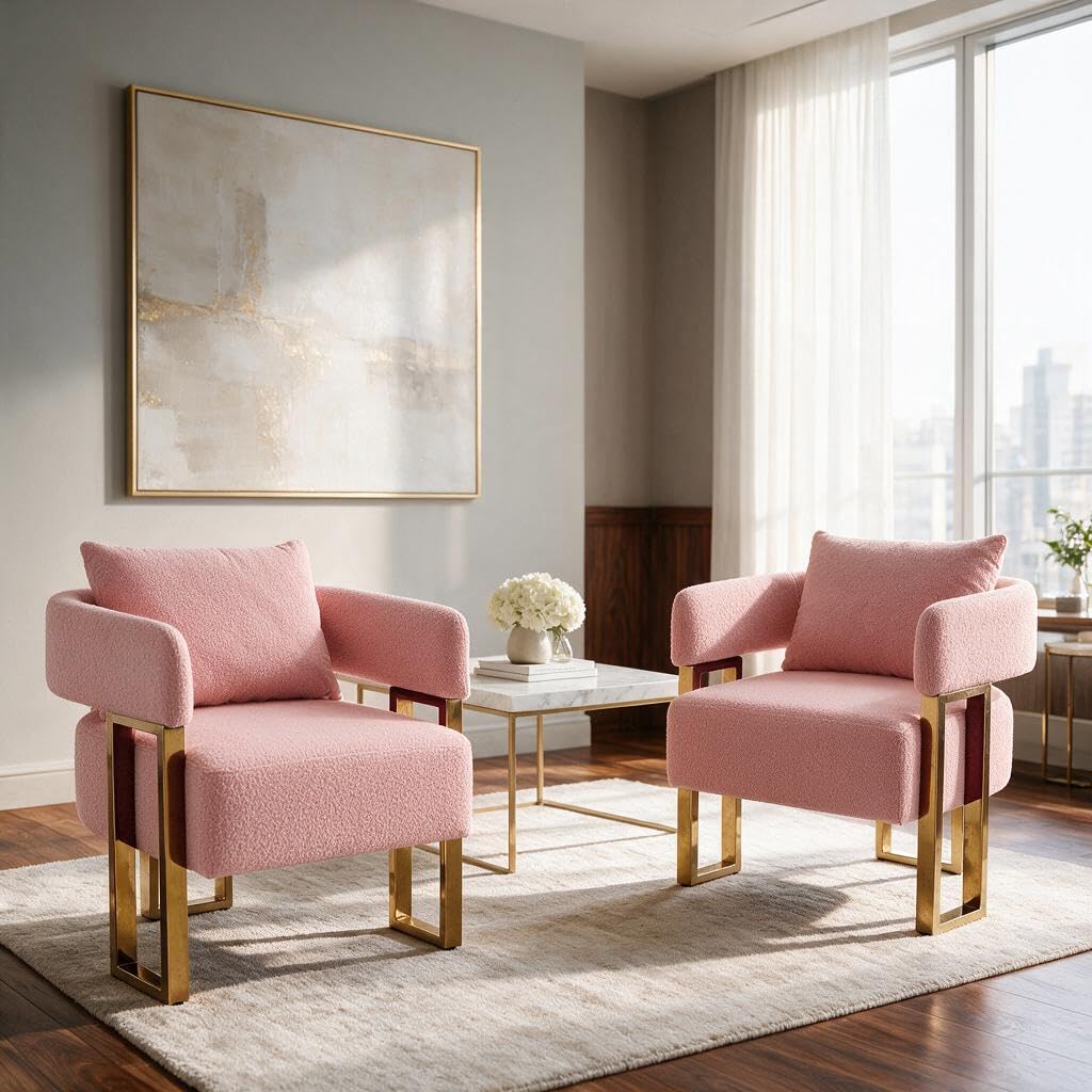 YISHENG Modern Barrel Accent Chairs Set of 2, Living Room Side Chairs with Golden Metal Legs Soft Upholstered Reading Armchairs no Wheels for Vanity/Reception Room//Bedroom/Lounge/Office,Black Teddy