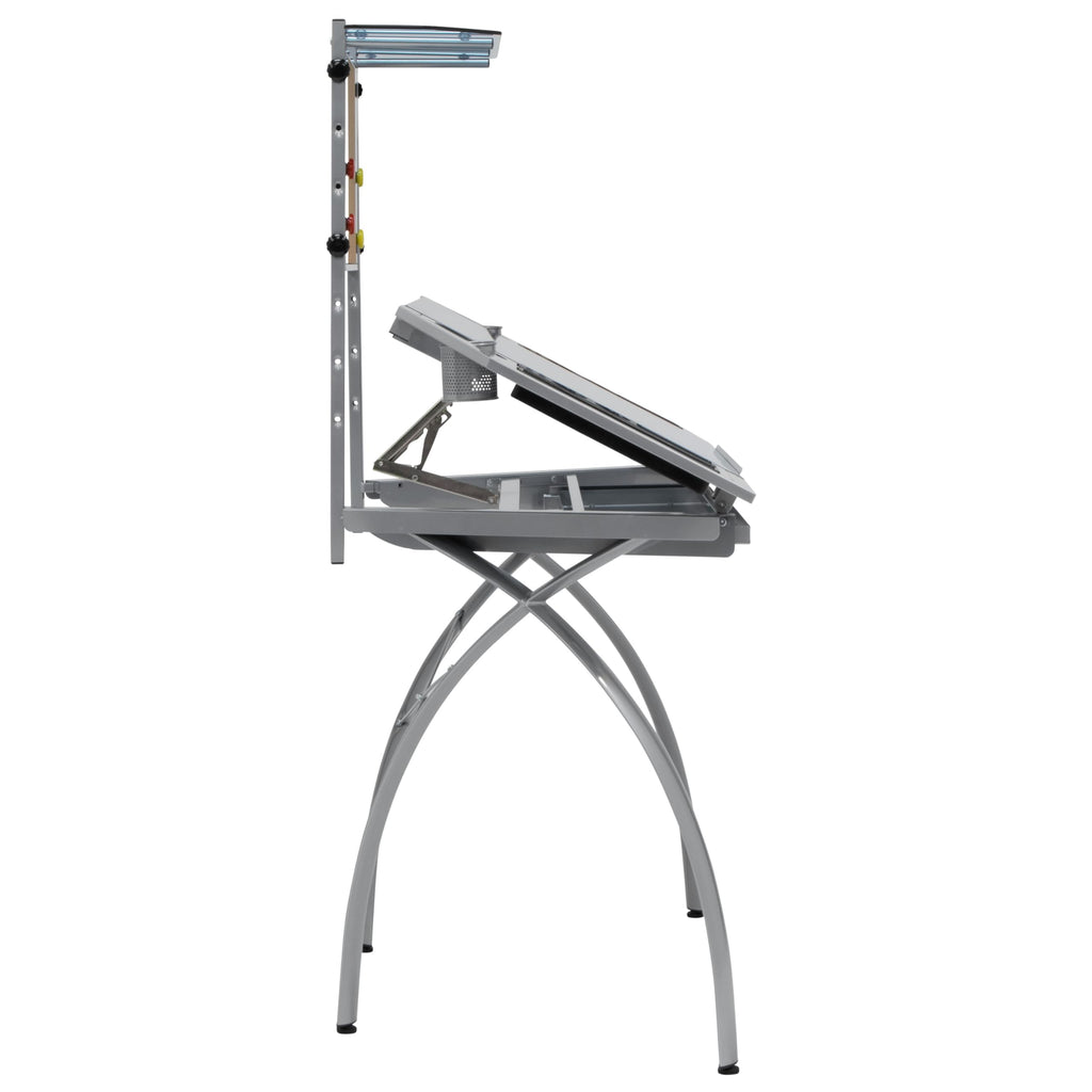 SD STUDIO DESIGNS Futura LS WorkCenter with Tilt Top Adjustable Drafting Table Craft Table Drawing Desk Hobby Table Writing Desk Studio Desk, Silver / Blue Glass