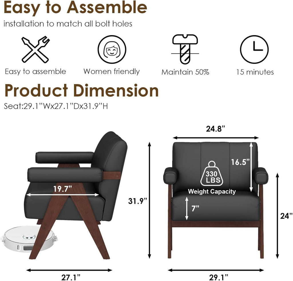STHOUYN Faux Leather Accent Chairs Set of 2, Wooden Arm Chairs (Black)