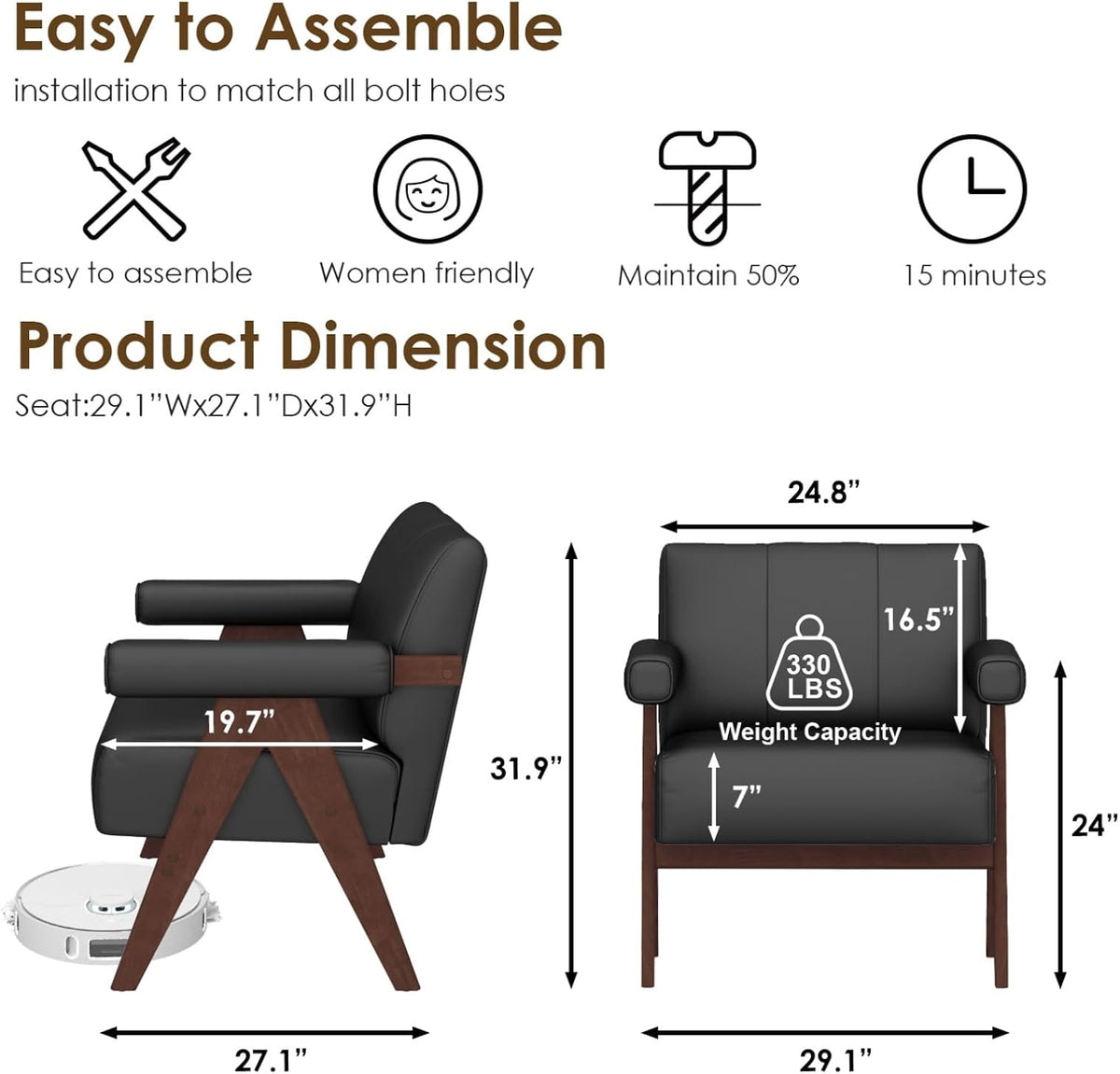 STHOUYN Faux Leather Accent Chairs Set of 2, Wooden Arm Chairs (Black)