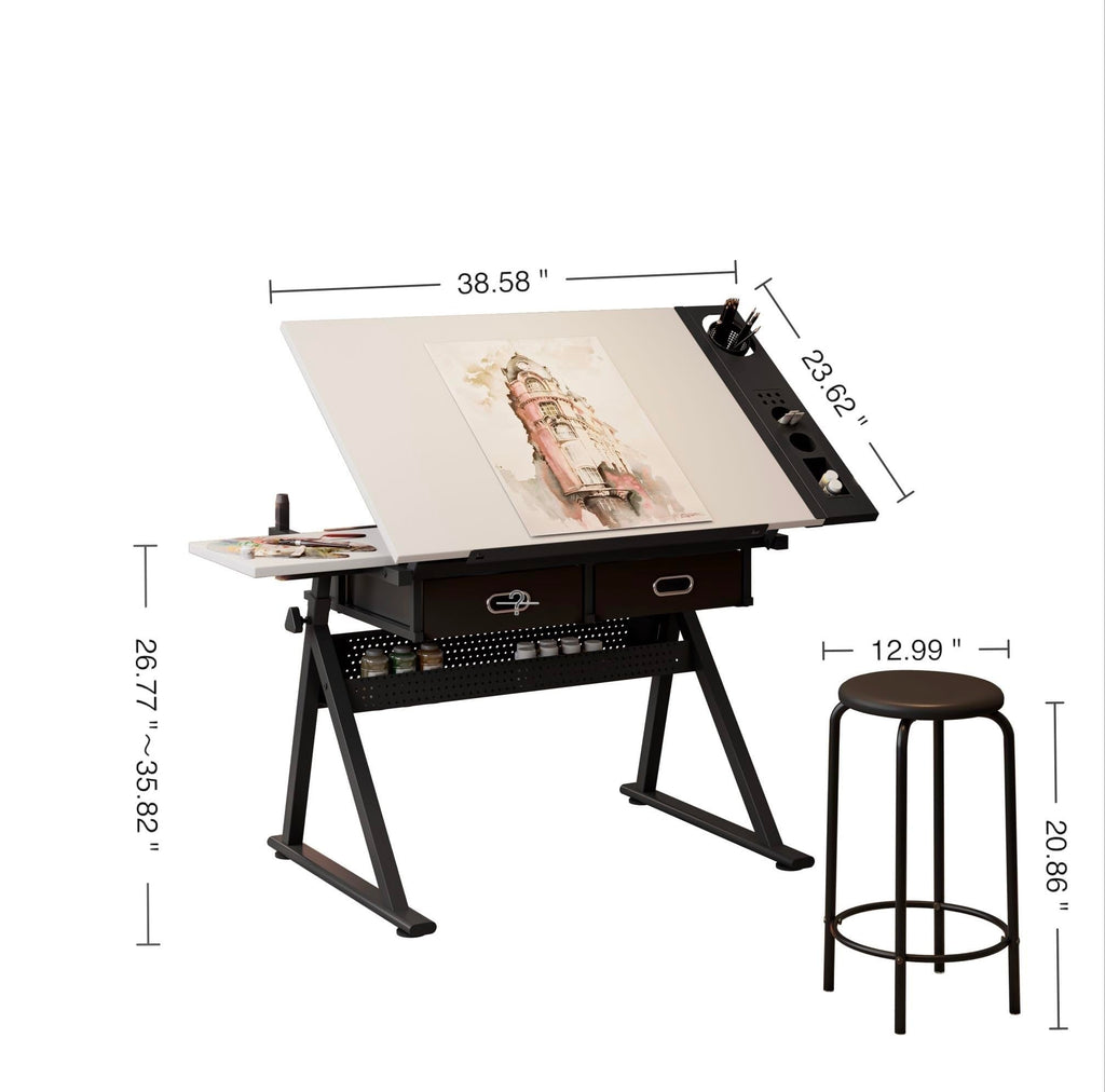 Height Adjustable Drafting Table w/Stool, Painting Table Art Craft Desk Crafting Drawing Desk with Tilting Tabletop, 2 Storage Drawers for Artist Painters (Rustic Brown)
