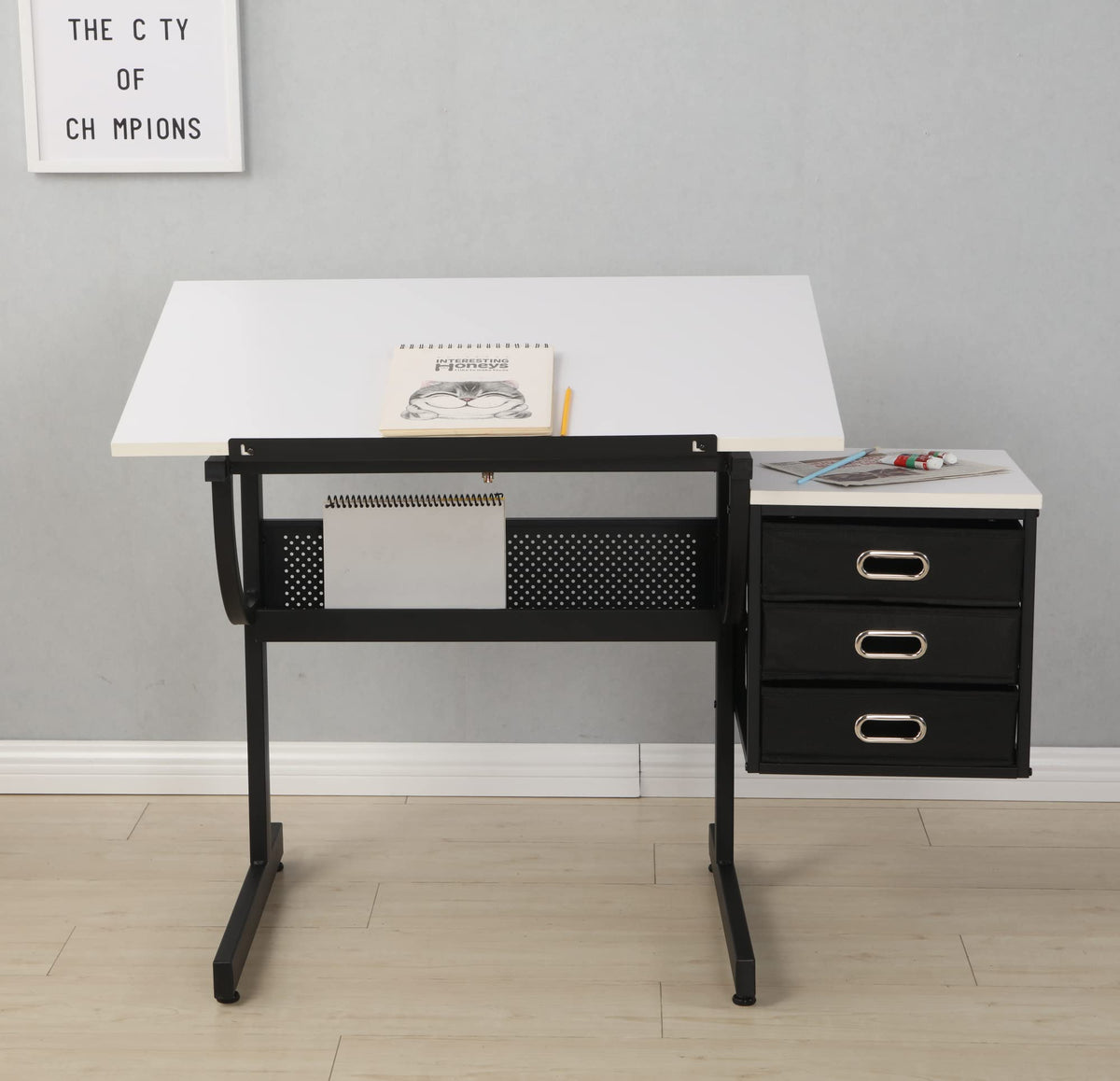 Height Adjustable Drafting Art Table for Adults, White Tempered Glass Drafting Drawing Printing Table Desk with Stool, 0-75Â° Tilting Tabletop Art Drawing Table for Drawing,Hand Crank