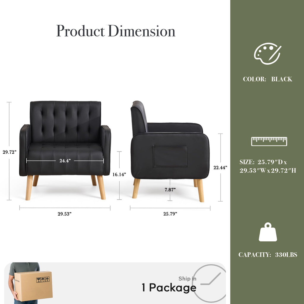 Leather Accent Chair Set of 2, Living Room Chair with Wooden Legs (Black)