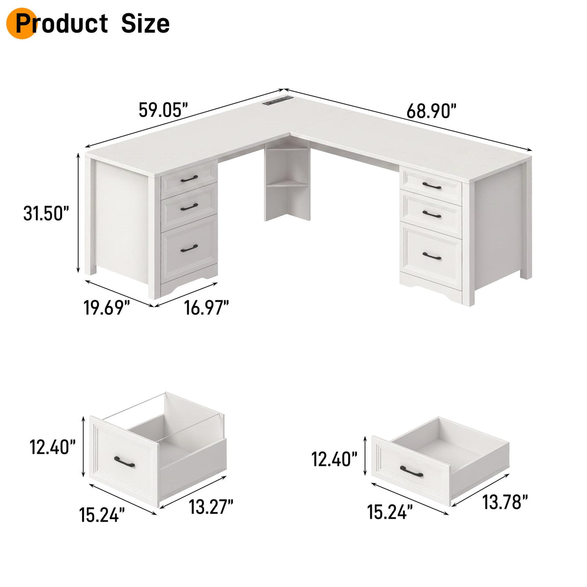 Halitaa Farmhouse Home Office Desk with 6 Drawers, L Shaped Executive Desk with Power Outlets and Triangle Under-Desk Storage Shelf & Drawer File Cabinet, Corner Computer Desk, Grey