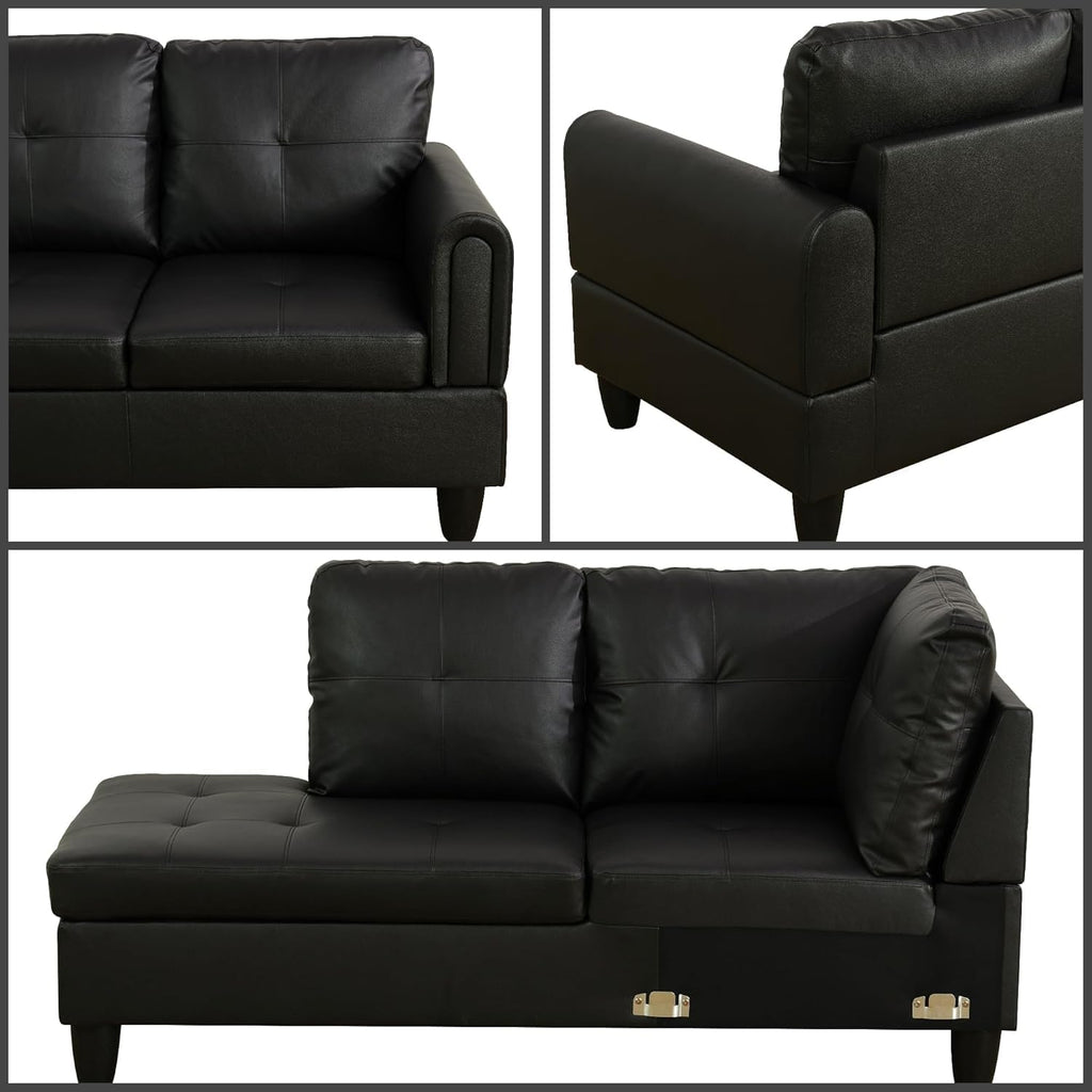 97.5" L-Shaped Modular Sectional Sofa with Movable Chaise & Storage Ottoman, 3 Piece Convertible Leather Couch, 4 Seat Gloss Black Living Room Furniture Set for Apartment Home Office