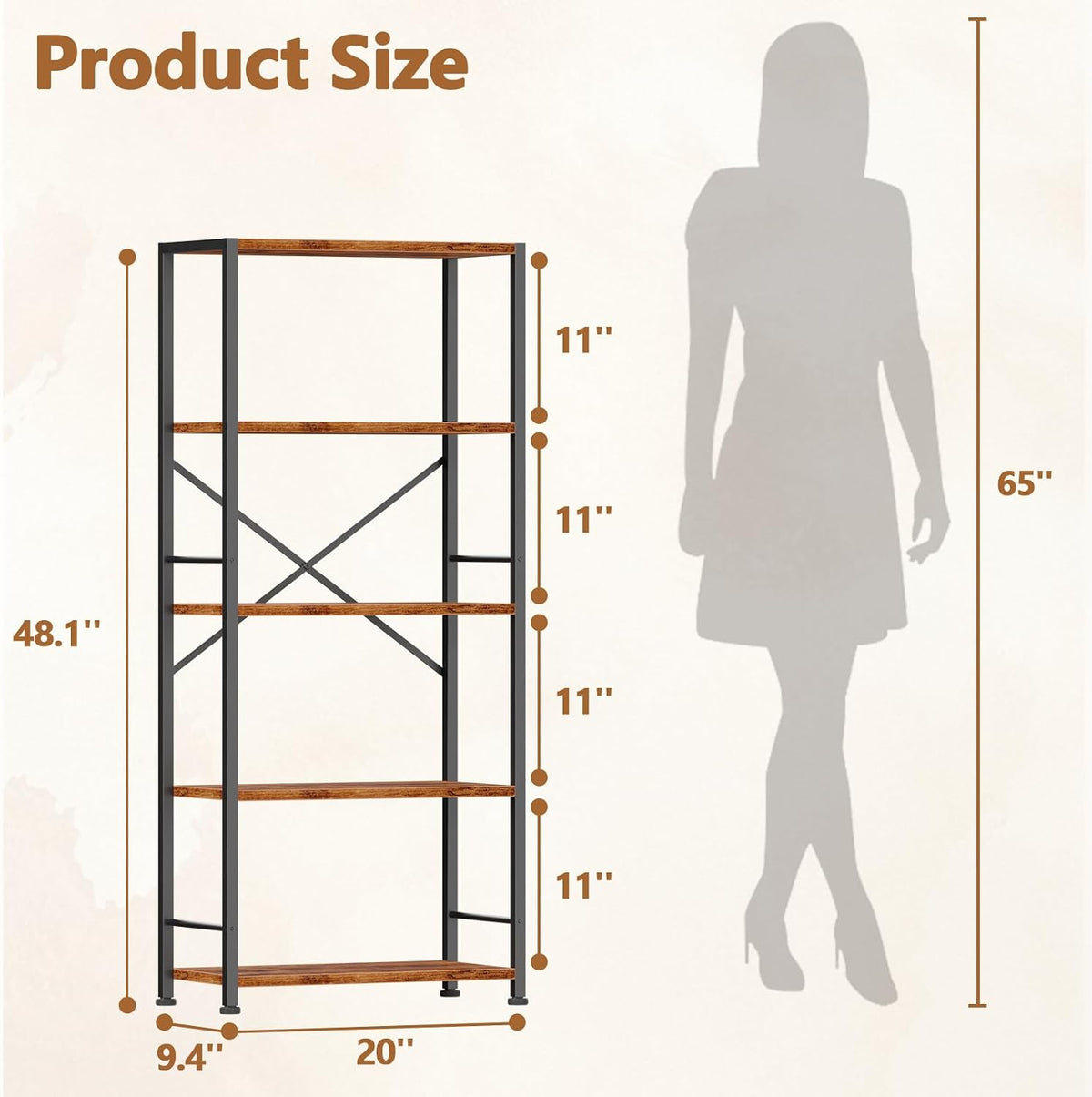 Furologee 5 Tier Book Shelf Set of 2, Tall Wide Bookshelf, Rustic Brown