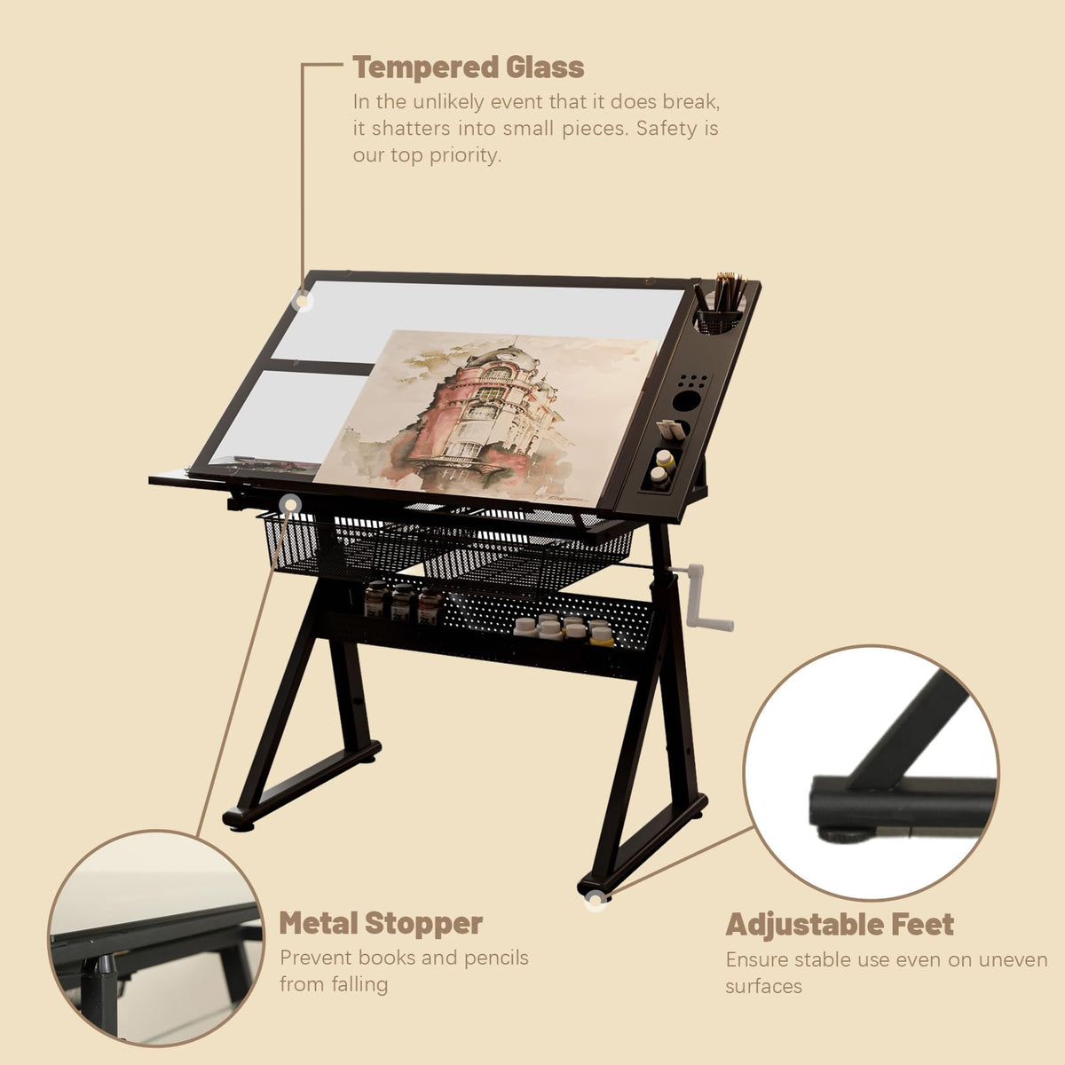 Black Drafting Table Desk w/Stool, Painting Table Art Craft Desk Crafting Table with Tilting Tempered Glass Top, 2 Storage Drawers, Height Adjustable