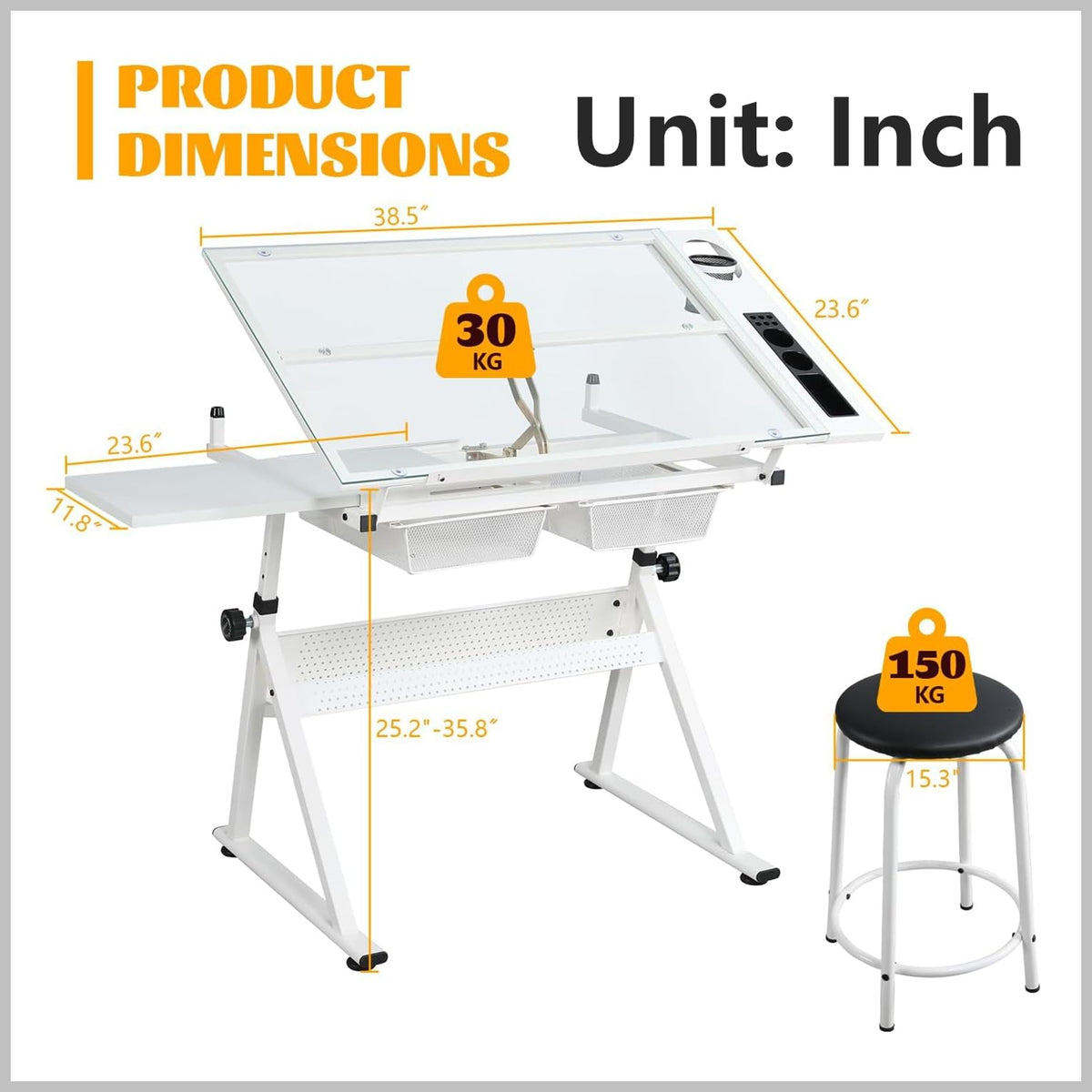 Drafting Table, Adjustable Height Drawing Table Art Table Painting Table Art Craft Desk with 0-75Â° Tilting Glass Tabletop and Storage Drawers, Black