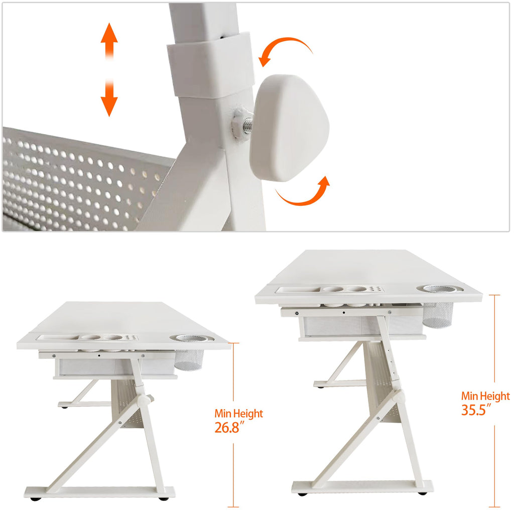 White Drafting Table with Stool, Height Adjustable Art Craft Desk with Tilting Tempered Glass Tabletop, Expansion Board, Multi-Storage, Drawing Table for Studio, Artists, Home Office, Painters, White