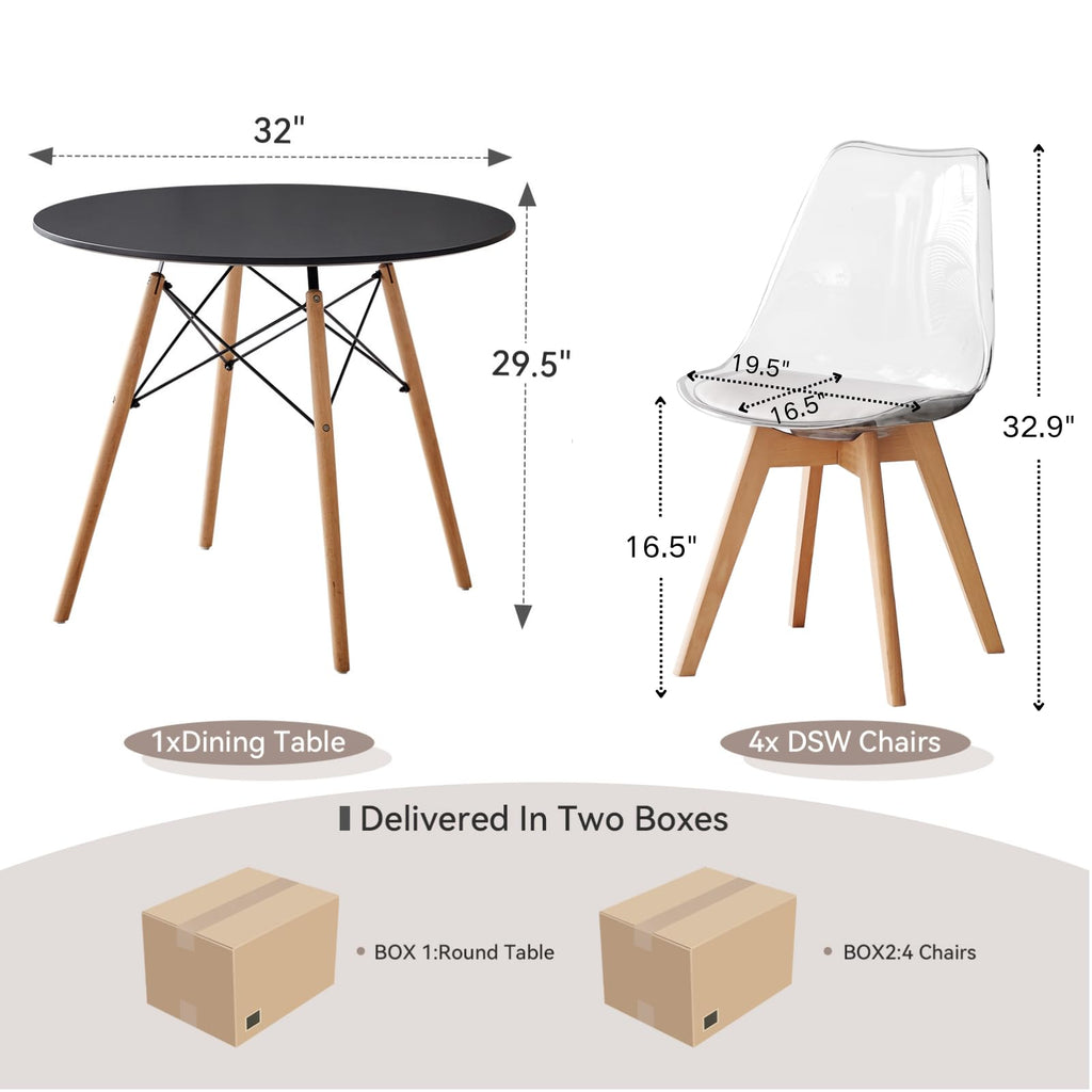 5-Piece Round Dining Set, 35.5" Black Table & Light Gray Chair