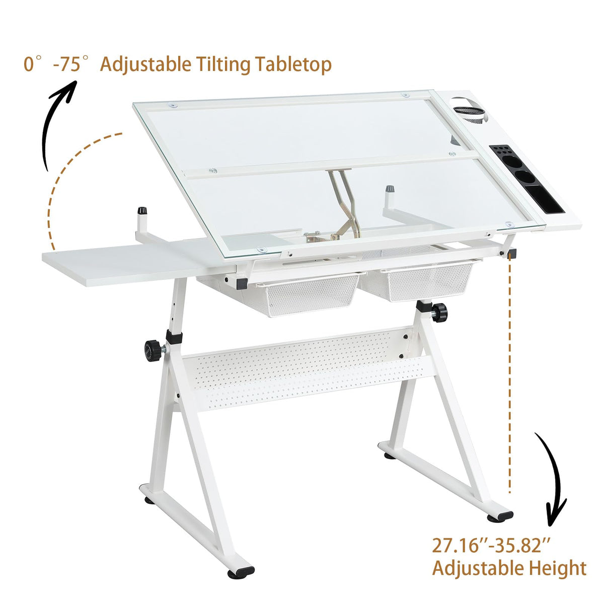 Drafting Table and Stool Set for Adults/Artists, Drawing Table with Adjustable Tabletop and Height, Art Workstation for Painters Crafting Reading Writing Home Office, All White