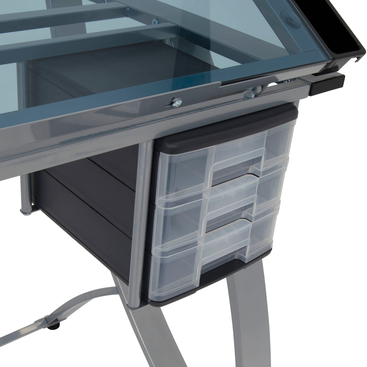 SD STUDIO DESIGNS Futura Luxe Drawing, Drafting, Craft Table with Drawer, 35" Wide Angle Adjustable Top and Side Shelf, Pewter Grey/Clear Glass