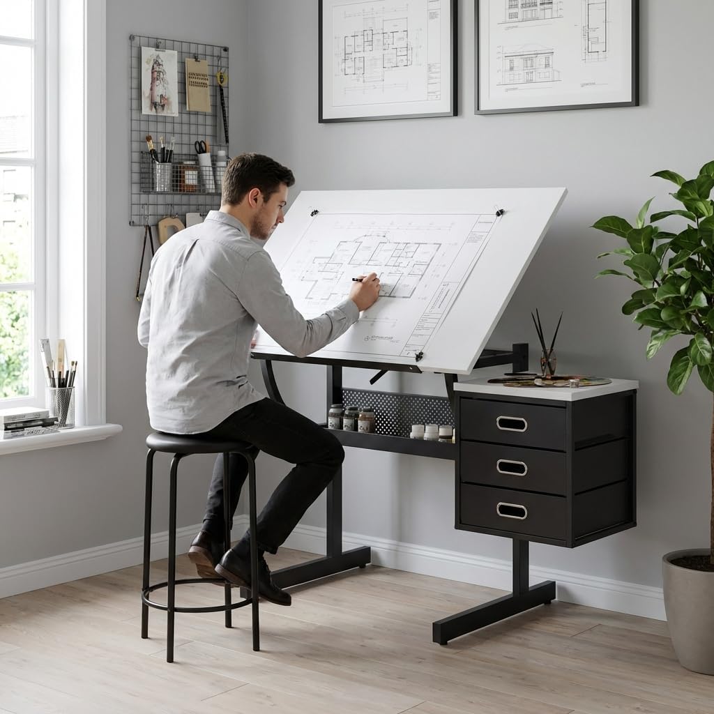 Drafting Table with Storage, Adjustable Art Desk & Art Table with Stool, 0-75Â° Tilting Top, 3 Drawers for Diamond Painting, Architecture, Animation, Office (Adults & Teens) (White)