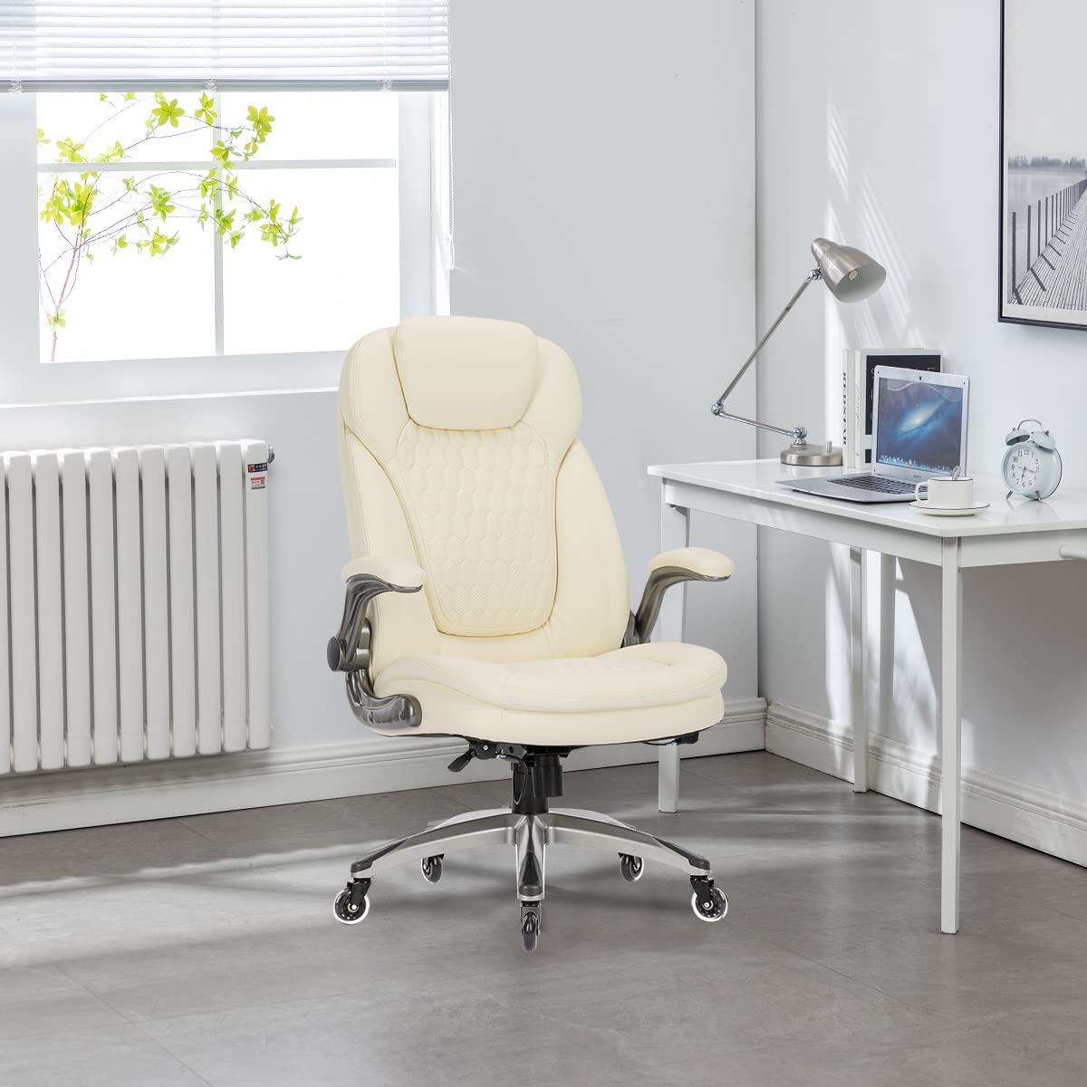 COLAMY High Back Executive Office Chairs, Ergonomic PU Leather Desk Chairs with Flip-Up Armrests, Adjustable Height, Lumbar Support, Comfortable Computer Chairs for Home Office, Set of 2