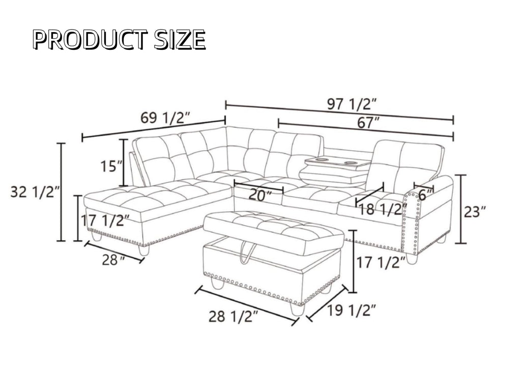 97.5" L-Shaped Modular Sectional Sofa with Movable Chaise & Storage Ottoman, 3 Piece Convertible Leather Couch, 4 Seat Gloss Black Living Room Furniture Set for Apartment Home Office
