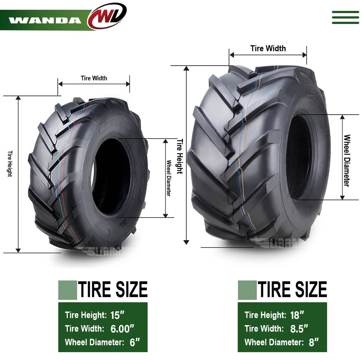 WANDA 4PC 15X6-6 & 20X10-8 Lawn Mower Tractor Tires Super Lug -13078/13071