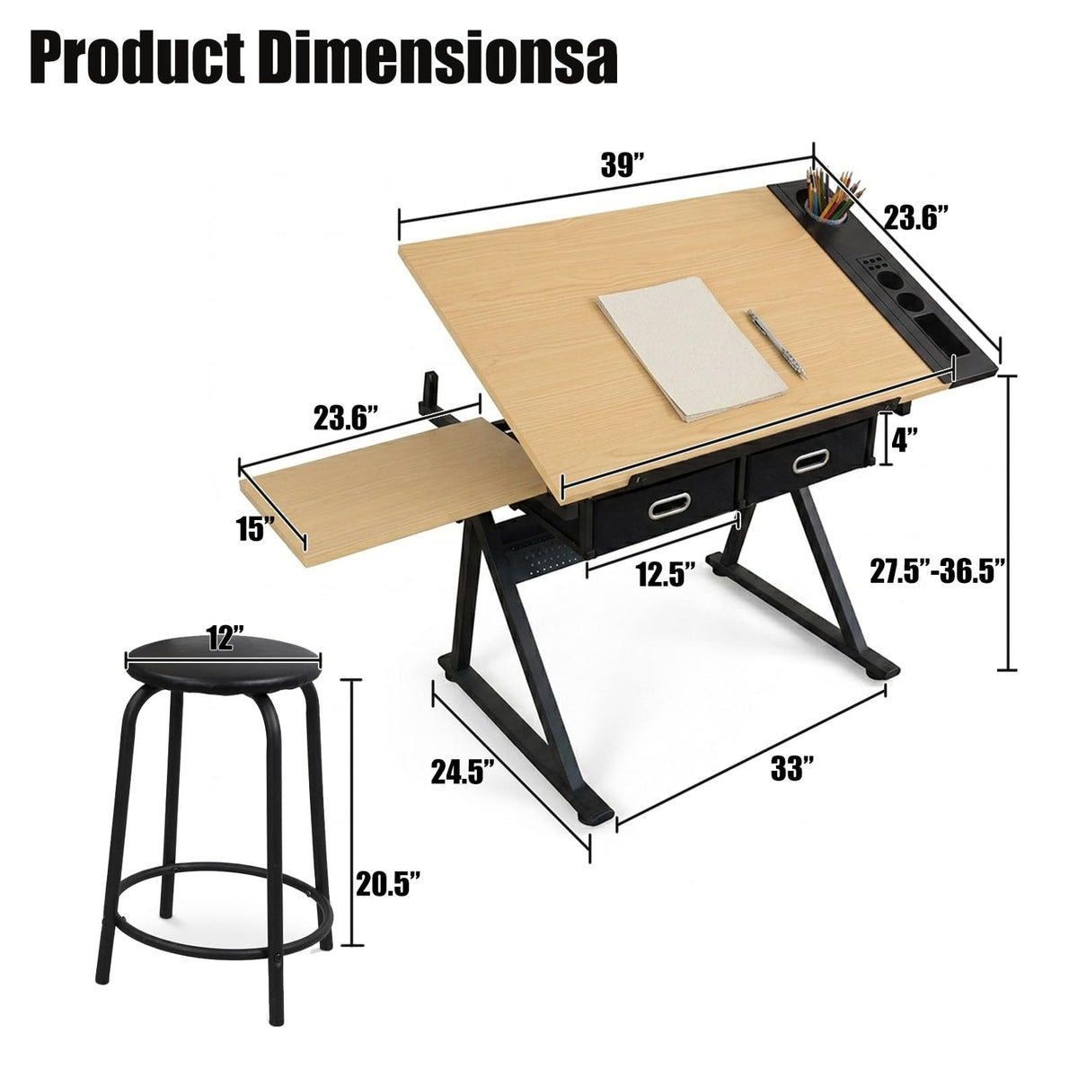 Adjustable Drafting Table, Tiltable Art Drawing Desk with 2 Storage Drawers & Stool, Multi-Functional Art Workstation for Artist Painting Craft Reading Writing (Black-B)