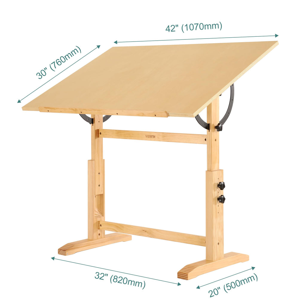 VISWIN Wood Drafting Table for Adults, 30" X 42" Extra-Large Drawing Table with Adjustable Height & Angle for Art Studio, Solid Pine Wood Artist Desk for Drawing, Drafting, Writing, Reading