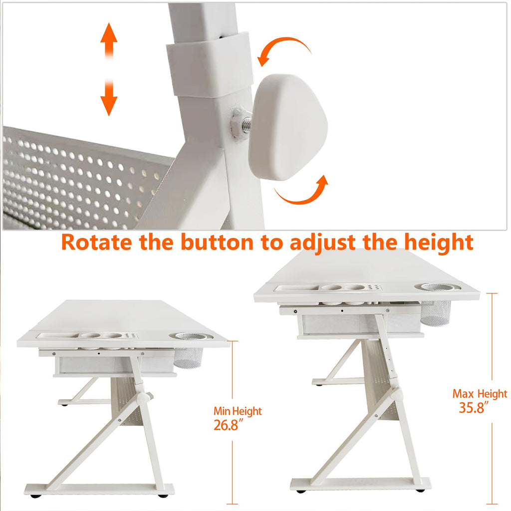 Height Adjustable Tilt Drafting Table with 2 Storage Drawers & Stool Brown