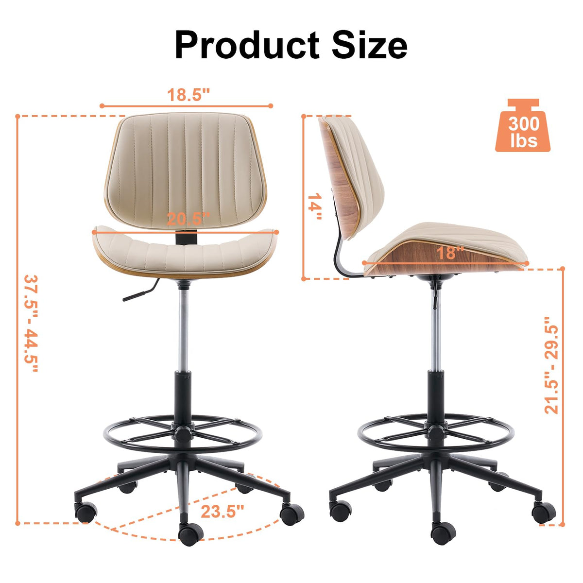 Drafting Chair, Ergonomic Office Chair with Walnut Wood Back Support, Armless PU Leather Desk Chair with Height-Adjustable, Thick Cushion for Home Office, Drafting, Art Studio (Black)