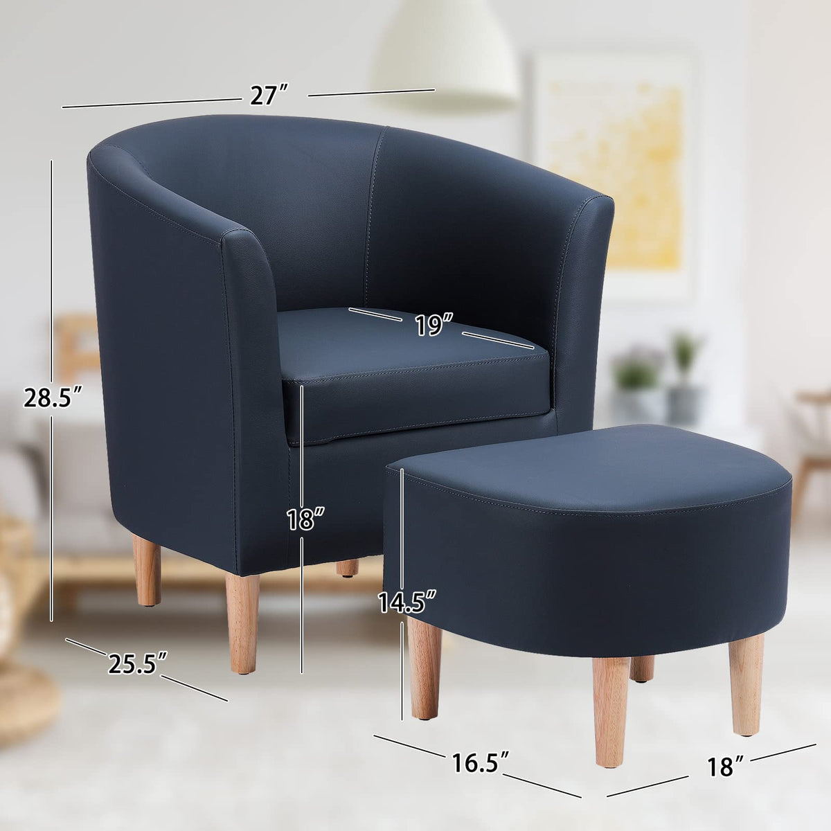 DAZONE Accent Chair with Ottoman, Modern Comfy Armchair Upholstered Barrel Club Chair and Footrest Set, Fabric Tub Arm Chairs for Living Room Bedroom Small Spaces Apartment Office, Set of 2, Gray
