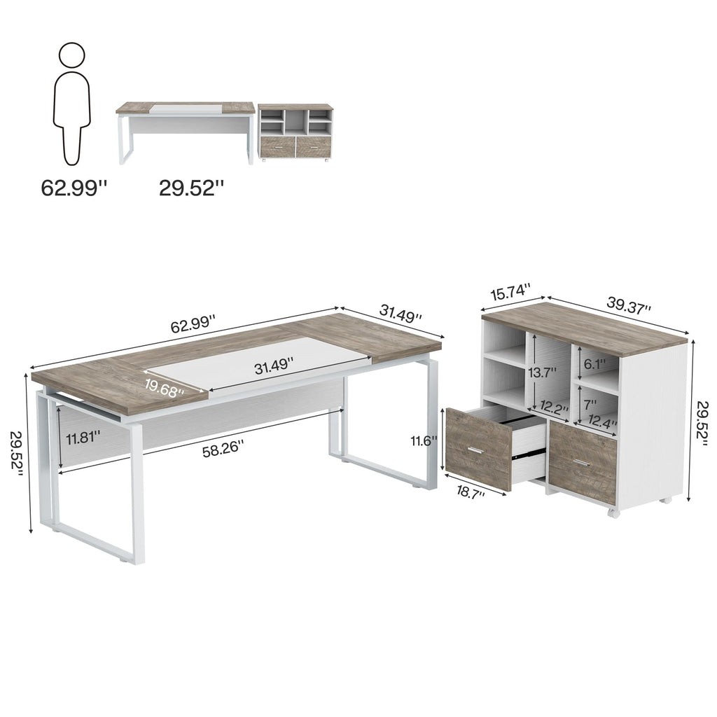 Tribesigns L-Shaped Executive Desk with Reversible File Cabinet, 63" Office Desk with Storage Drawers, Computer Desk Set (Oak Karo & White)