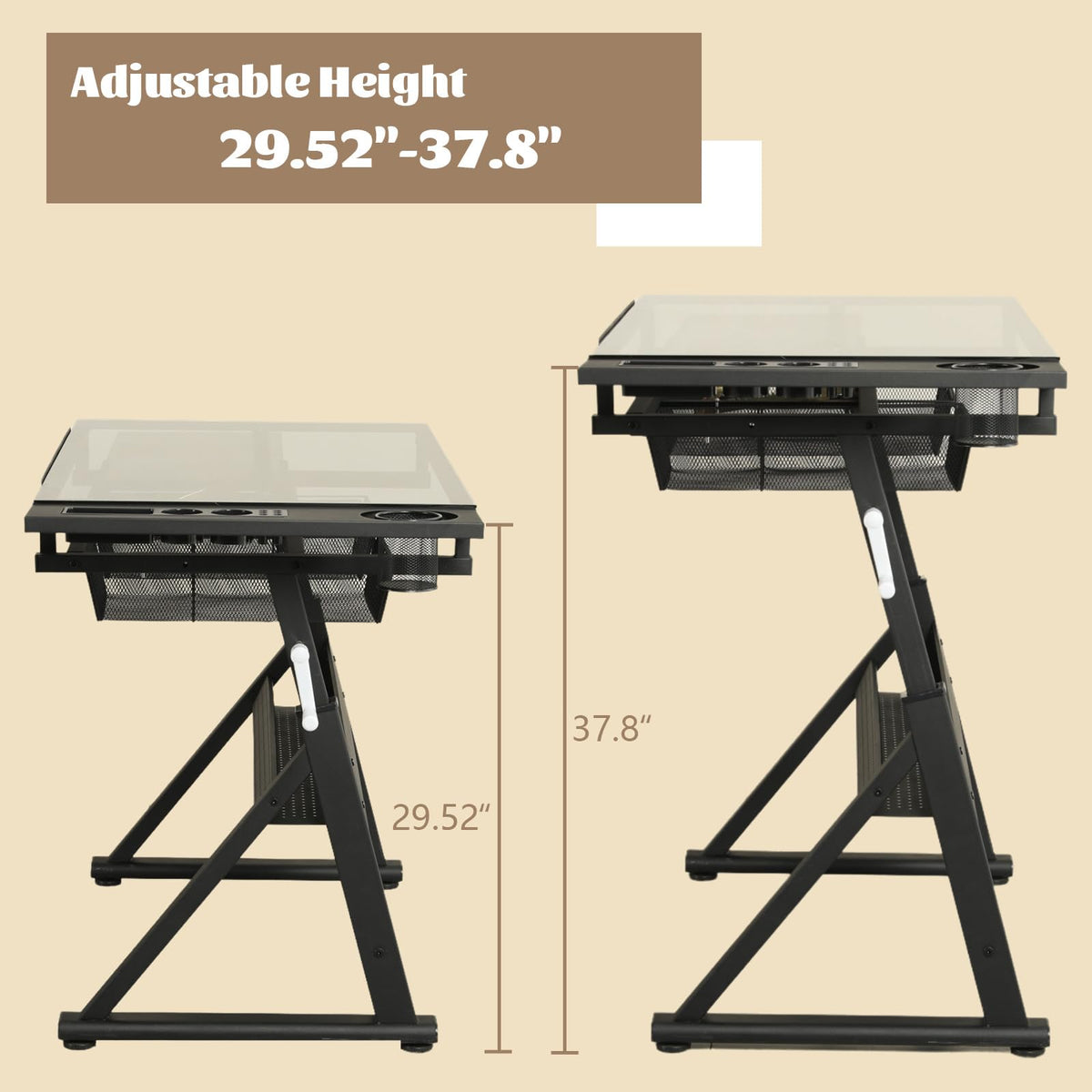 Black Drafting Table Desk w/Stool, Painting Table Art Craft Desk Crafting Table with Tilting Tempered Glass Top, 2 Storage Drawers, Height Adjustable