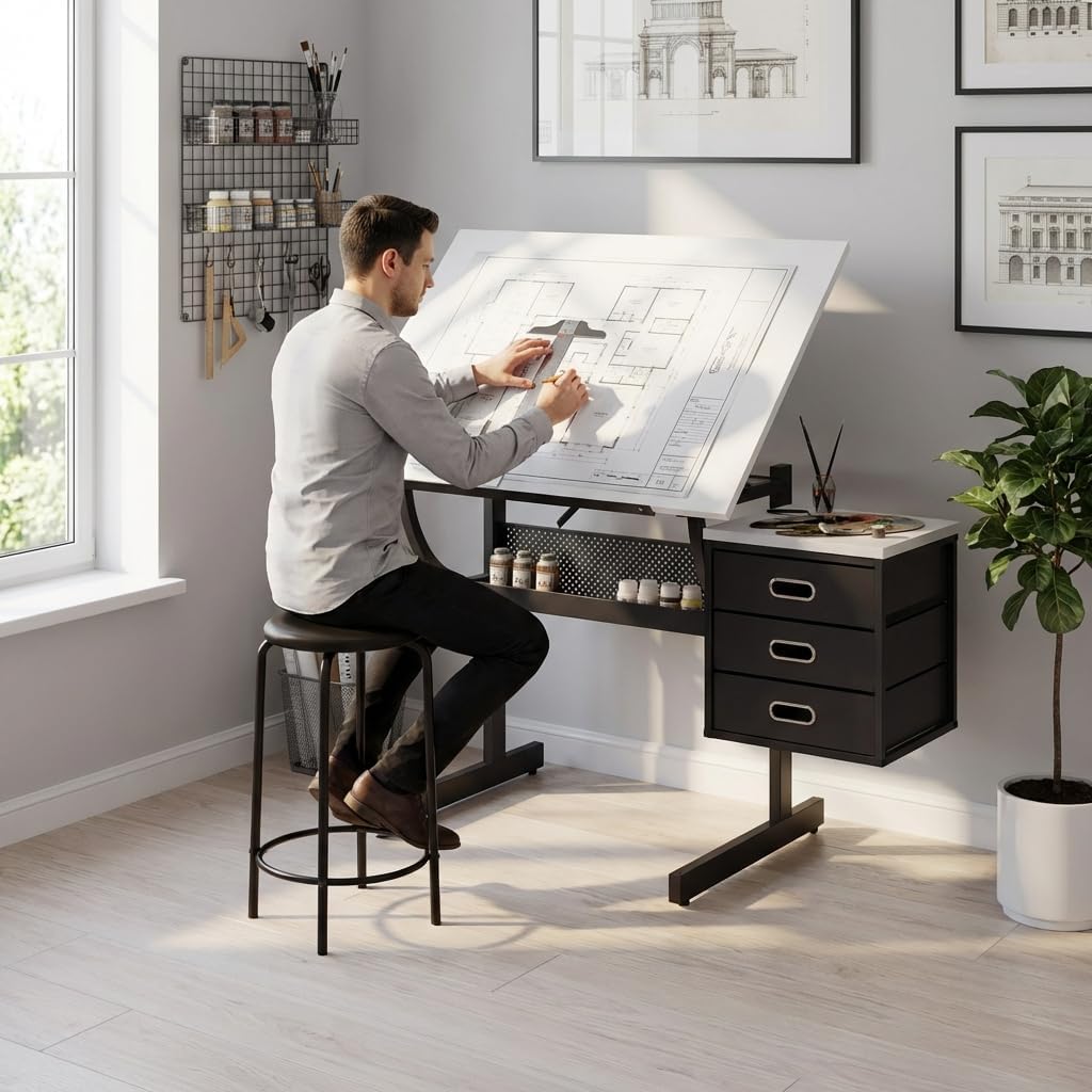 Adjustable Art Desk with Storage, 0-75Â° Tilting Drafting Table, 3 Drawers, Free Stool - Ideal for Diamond Painting, Architecture, Animation Projects (White)