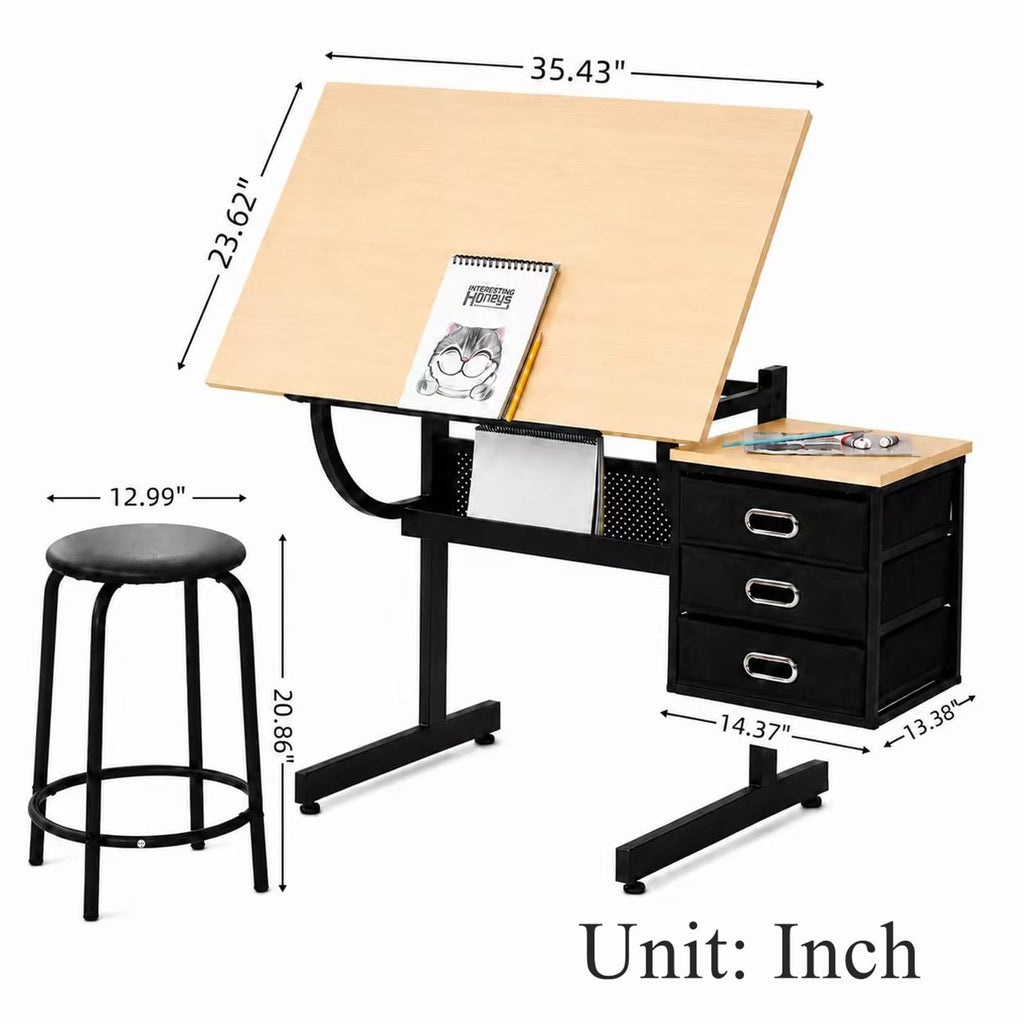 Drafting Table, Height Adjustable Art Table with Stool,T1-All White