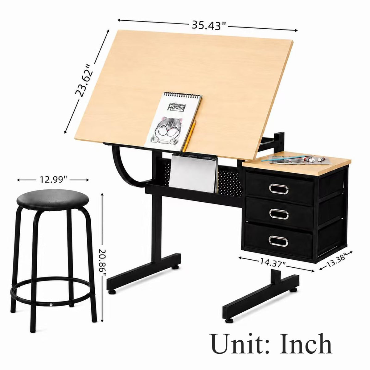 Drafting Table, Height Adjustable Art Table with Stool,T1-All White