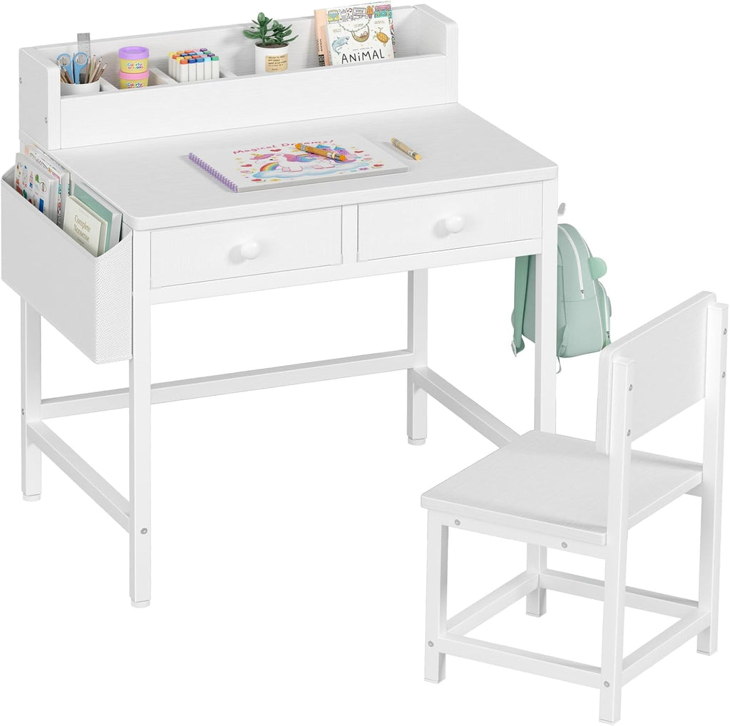 BOLUO White Kids Desk and Chair Set for 5-8 Year Old, Small Child Desk with Fabric Drawer, Children Study Table with Storage Toddler Girls Boys