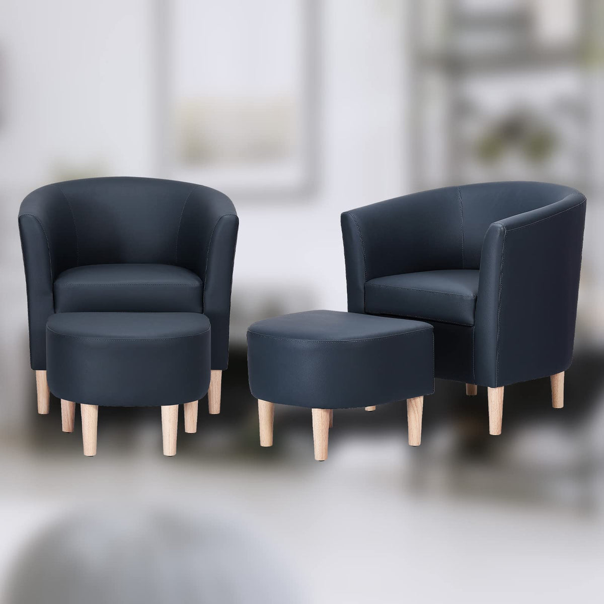DAZONE Accent Chair with Ottoman, Modern Comfy Armchair Upholstered Barrel Club Chair and Footrest Set, Fabric Tub Arm Chairs for Living Room Bedroom Small Spaces Apartment Office, Set of 2, Gray