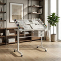 Drafting Table with Storage, Art Desk for Drawing Crafting, Adjustable Glass Top 0-70Â°, 2 Drawers & Wheels, Multifunctional Art Table for Home Office (White)