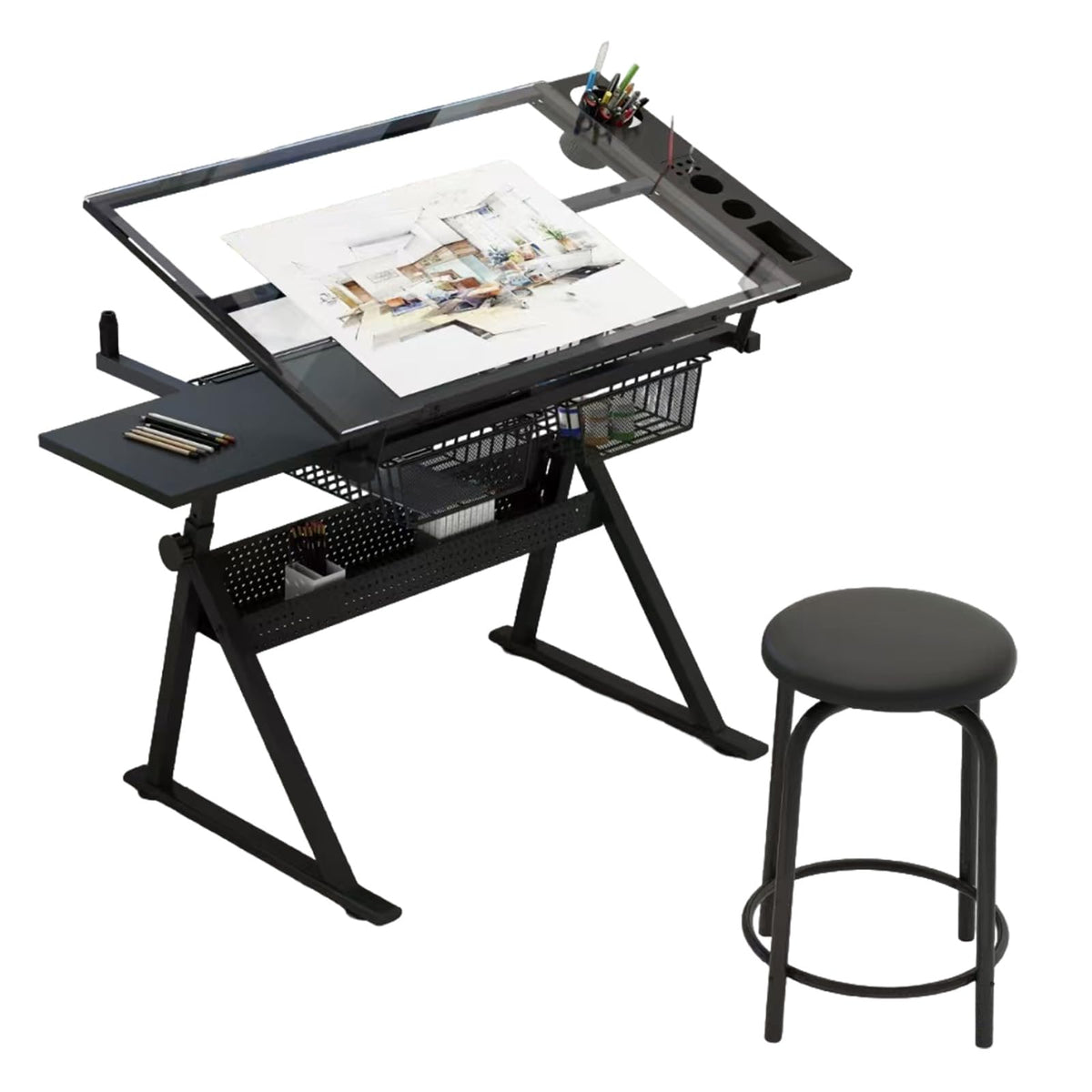 Drafting Table and Stool Set for Adults/Artists, Drawing Table with Adjustable Tabletop and Height, Art Workstation for Painters Crafting Reading Writing Home Office, All White