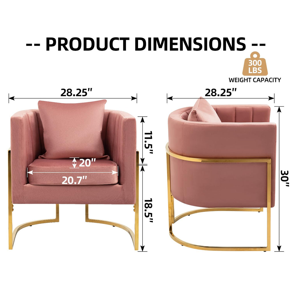 Velvet Accent Barrel Chairs Set of 2, Modern Arm Club Chair Set with Pillow for Living Room/Bedroom/Guest Reception, Channel Tufted, Gold Finish Base, Orange