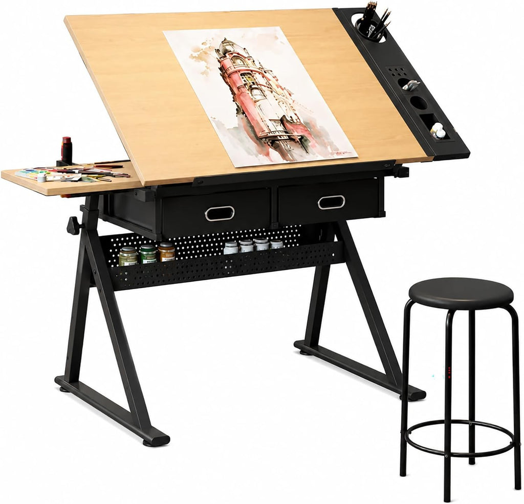 Adjustable Drafting Table with Stool, Tilt-Top Drawing Desk with 2 Drawers