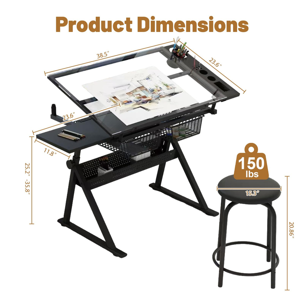 Drafting Table and Stool Set for Adults/Artists, Drawing Table with Adjustable Tabletop and Height, Art Workstation for Painters Crafting Reading Writing Home Office, All White