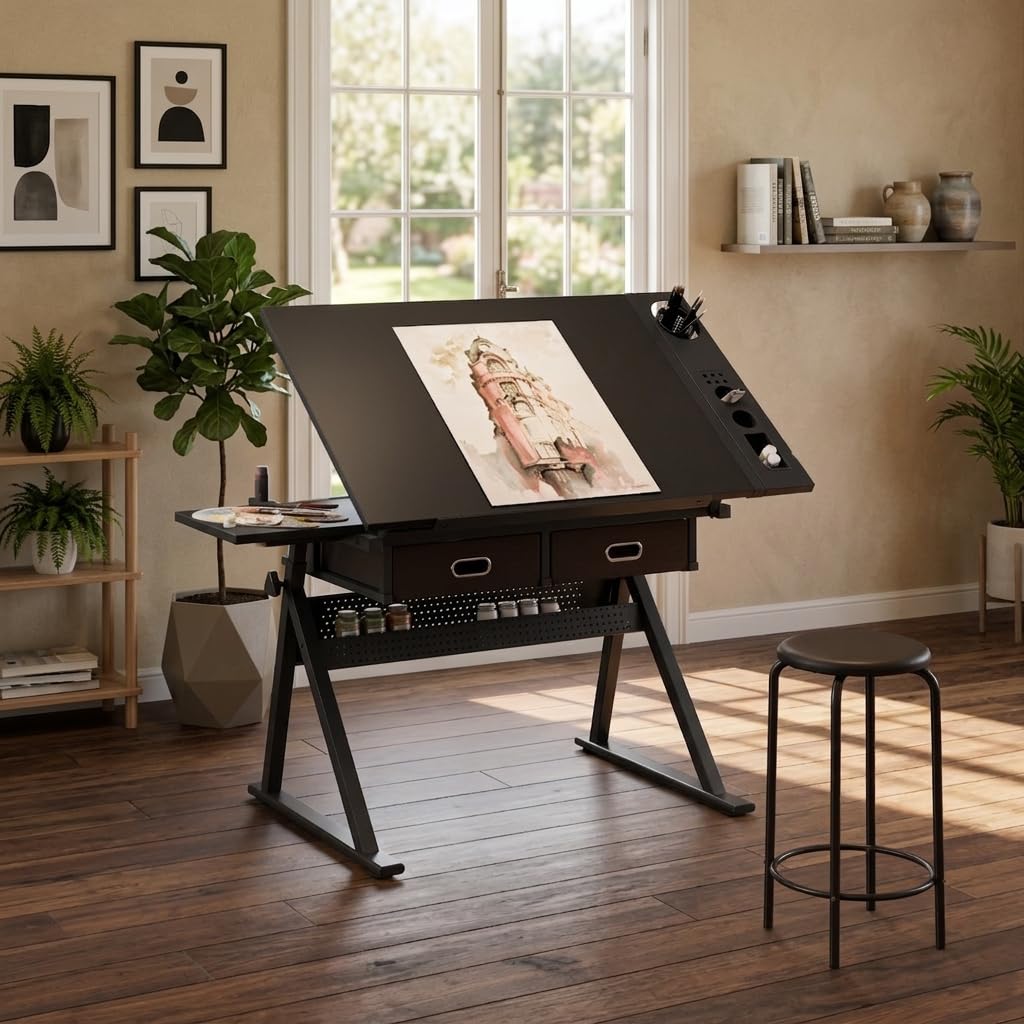 Height Adjustable Drafting Table Drawing Table Artist Desk Tilting Tabletop Art Craft Desk with 2 Storage Drawers and Stool, Art Craft Desk for Artist Painters Drawing Painting (All White)