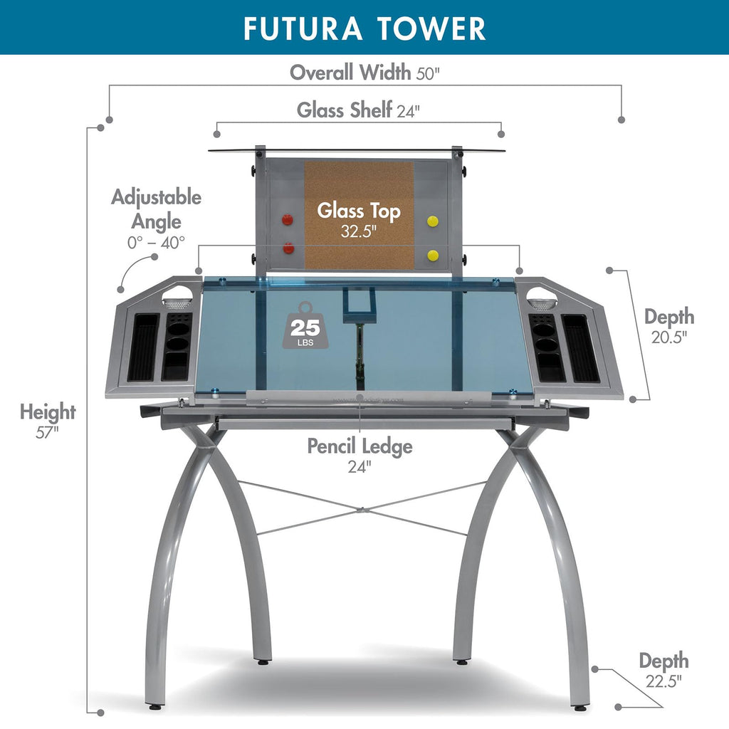 SD STUDIO DESIGNS Futura LS WorkCenter with Tilt Top Adjustable Drafting Table Craft Table Drawing Desk Hobby Table Writing Desk Studio Desk, Silver / Blue Glass
