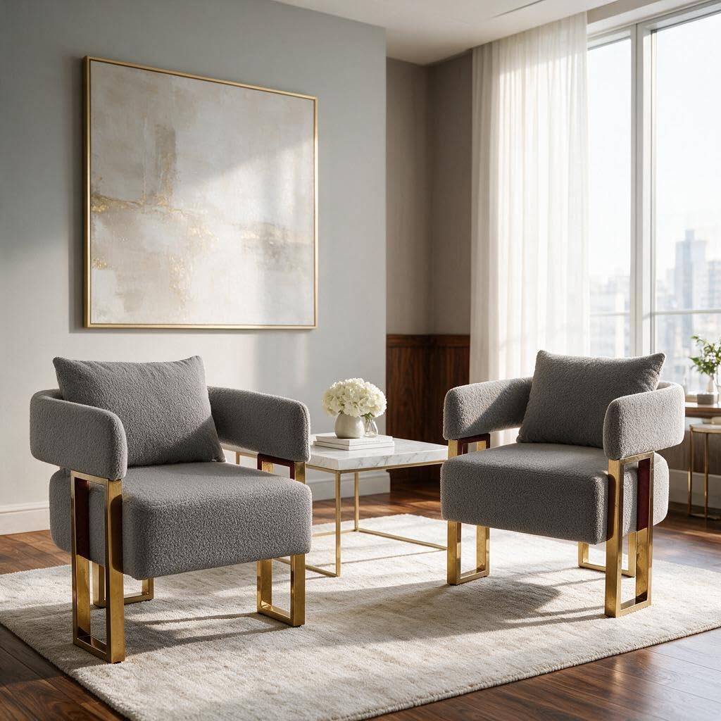 YISHENG Modern Barrel Accent Chairs Set of 2, Living Room Side Chairs with Golden Metal Legs Soft Upholstered Reading Armchairs no Wheels for Vanity/Reception Room//Bedroom/Lounge/Office,Black Teddy