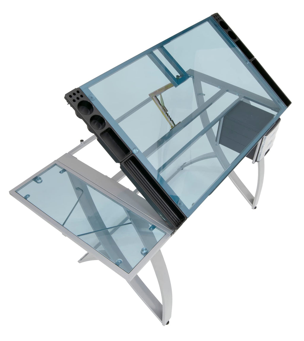 SD STUDIO DESIGNS Futura Luxe Drawing, Drafting, Craft Table with Drawer, 35" Wide Angle Adjustable Top and Side Shelf, Pewter Grey/Clear Glass
