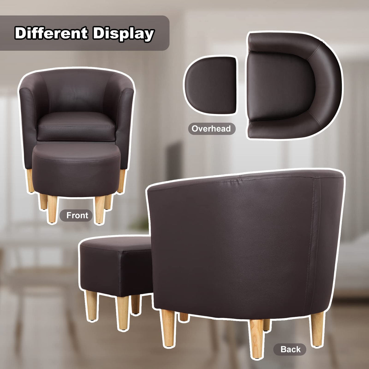 DAZONE Accent Chair with Ottoman, Modern Comfy Armchair Upholstered Barrel Club Chair and Footrest Set, Fabric Tub Arm Chairs for Living Room Bedroom Small Spaces Apartment Office, Set of 2, Gray