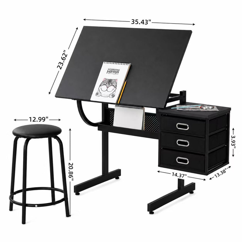 Adjustable Drawing Table with 3 Drawers & Stool, for Art & Work
