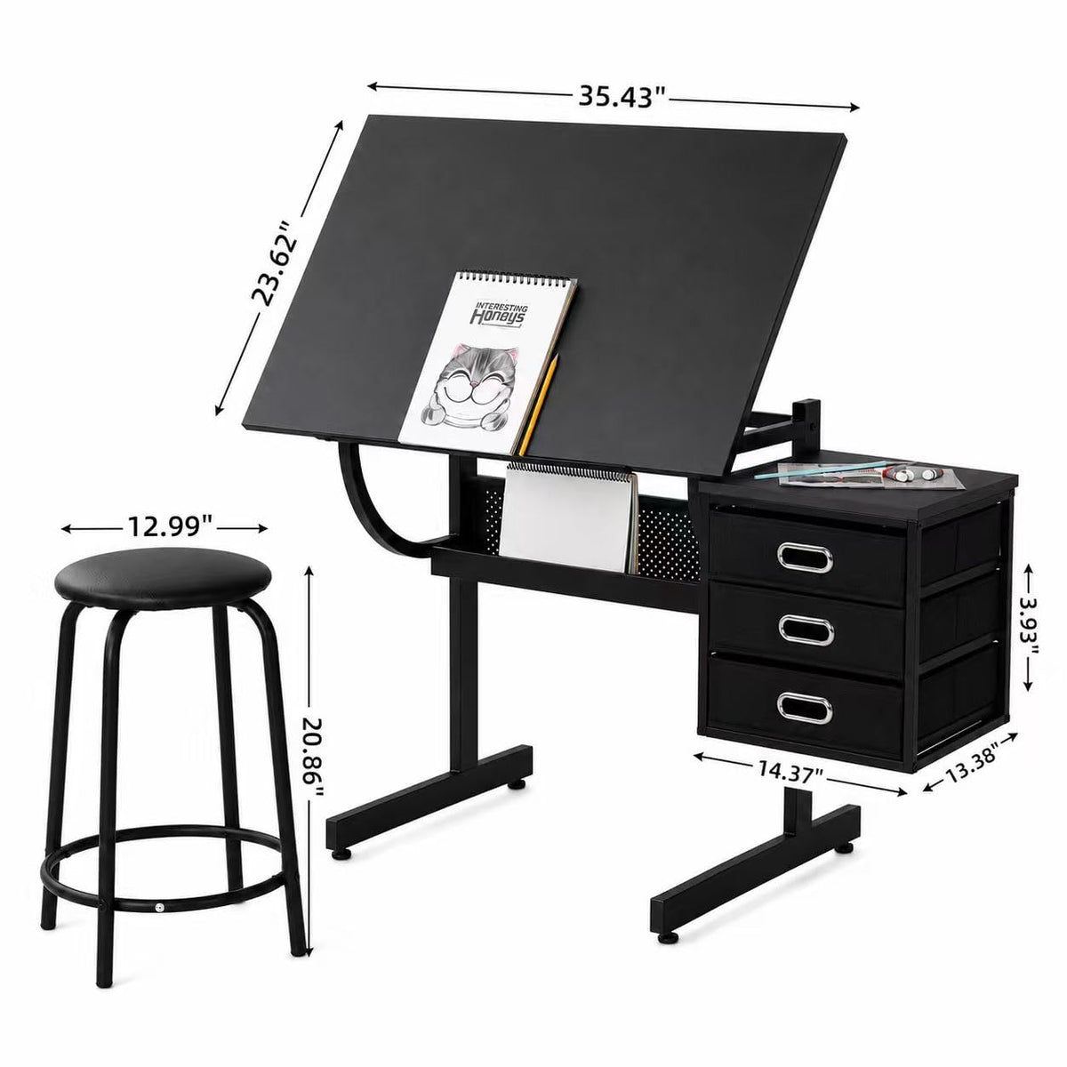 Drafting Table and Stool Set for Adults/Artists, Drawing Table with Adjustable Tabletop and Height, Art Workstation for Painters Crafting Reading Writing Home Office, All White